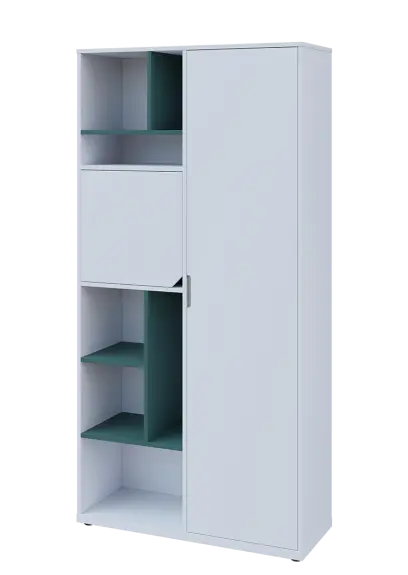 KSR6-83 P skříň šatní, 1x výsuvné ramínko, dvířka, niky, 2053x1022x400 mm, provedení pravé, korpus a dvířka bílá sněžná/police světle petrolejová